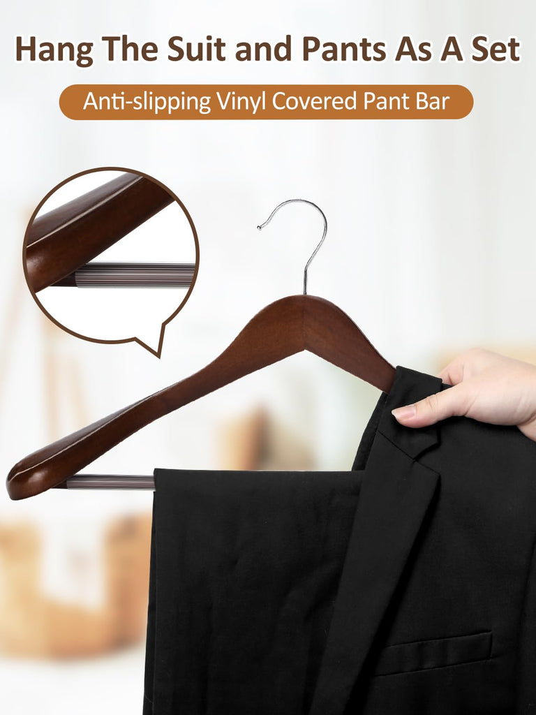 Wide Shoulder Wooden Hangers 8 Pack Coat Hanger with Non Slip Pants Bar, Heavy Duty Suit Hanger Wood Clothes Hangers