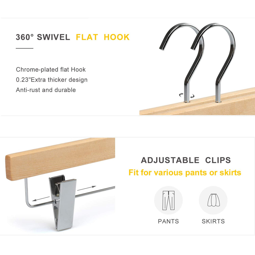Pants Hangers, Luxury Natural Wooden Skirts Hangers with 2 Big Premium Metal Clips and 360° Swivel Anti-Rust Flat