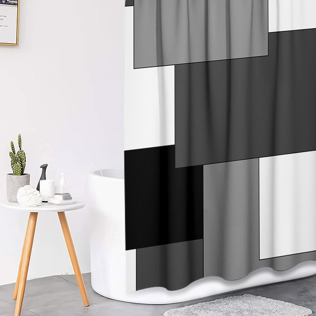 Grey Geometric Shower Curtain Set with Toilet Lid Cover and Non-Slip Rugs , Black White Checkered 4 Pcs Shower