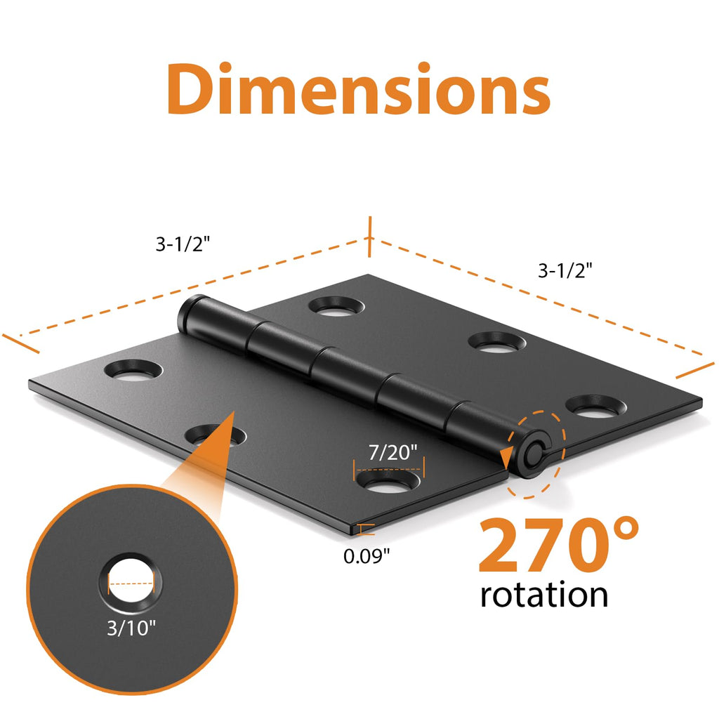 12 Pack 3.5 Inch Matte Black Door Hinges, Interior Door Hinges with Square Corner, 3 1/2" Residential Standard Black