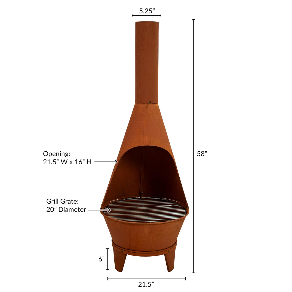 Large Chiminea Outdoor Fireplace with Grill Grate, Rustic, 58"