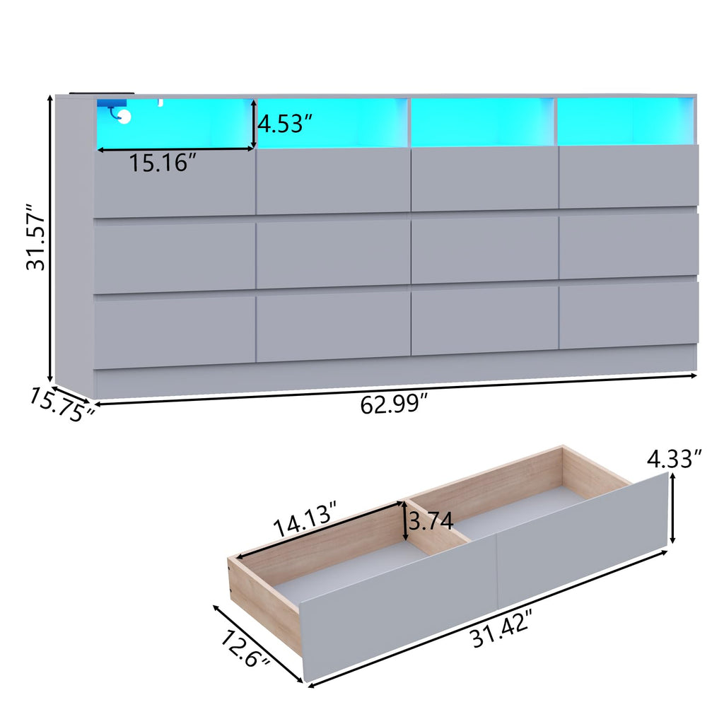 63" 6-Drawer Dresser with Divided Compartments, Power Outlet & LED Lights
