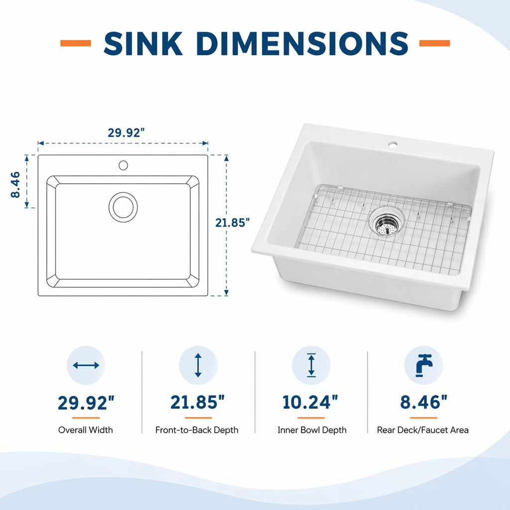 30 Inch Ceramic Farmhouse Sink, White Apron Front Farm Sink 30"x22"x10", Deep Single Bowl Kitchen Sink with Stainless