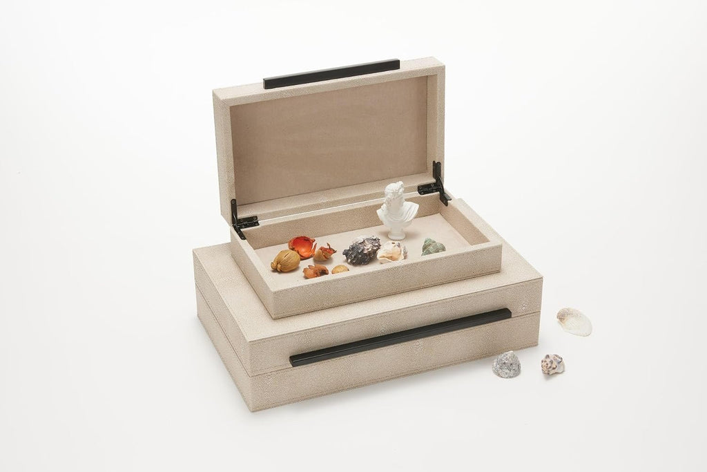 Sagala Ivory Shagreen Decorative Boxes With Black Metal Handles, Faux Leather Jewelry Boxes Modern Storage - Set of 2