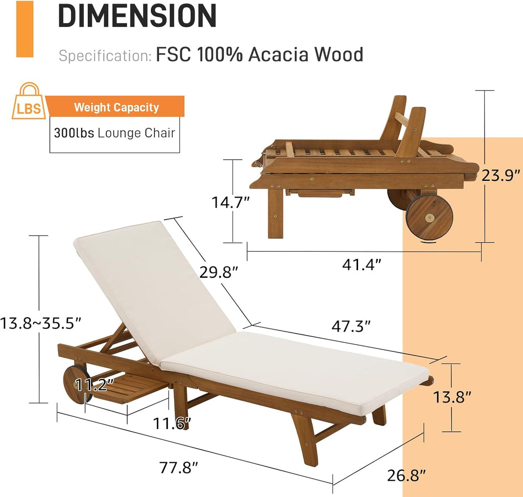 Patio Acacia Wood Chaise Lounge Chair, Pull-Out Table, Cream | Foldable Lounge Chair with Adjustable Backrest