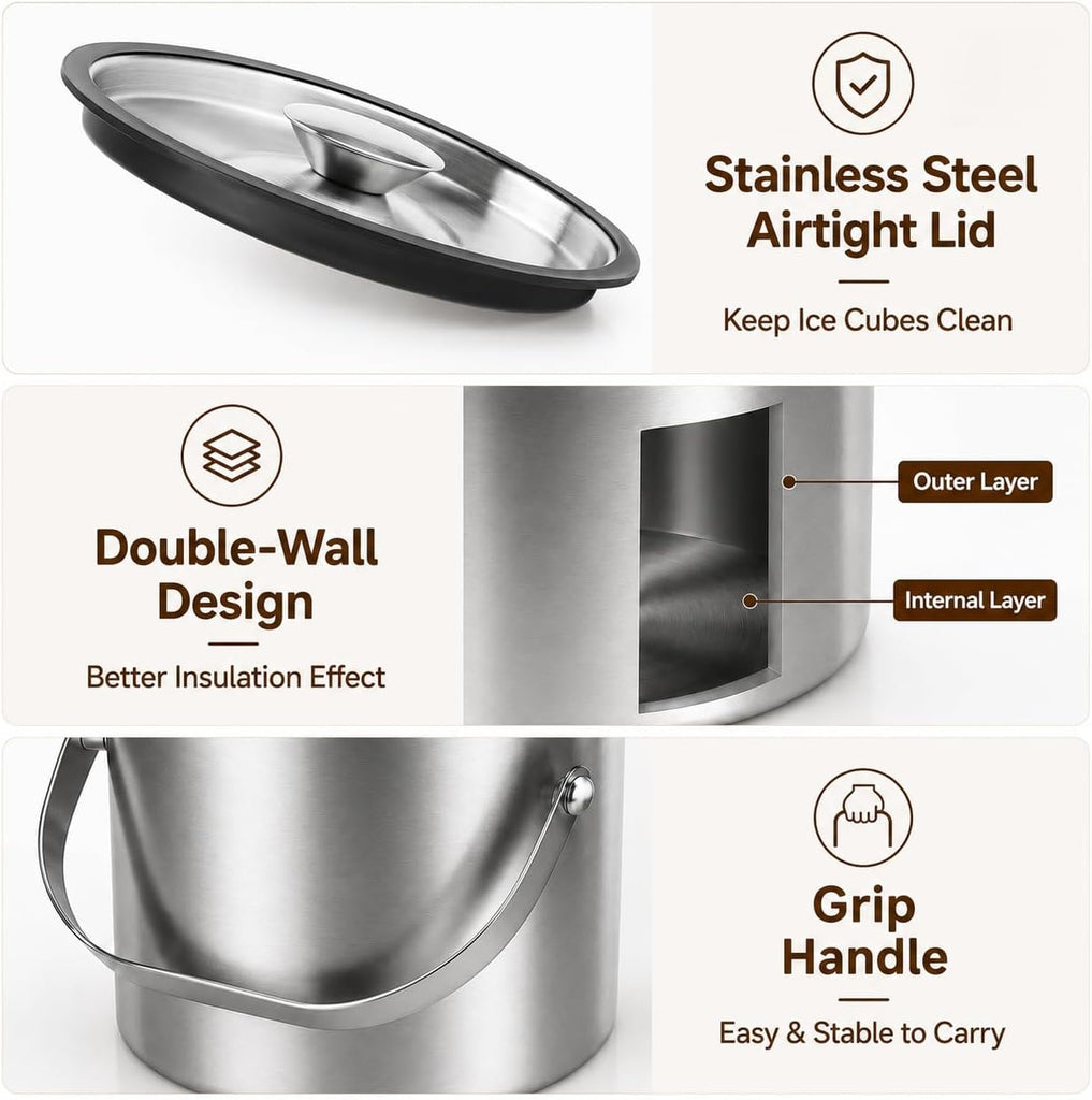 3L Double-Wall Stainless Steel Ice Bucket with Lid,Ice Scoop & Tongs,100oz - Set of 4