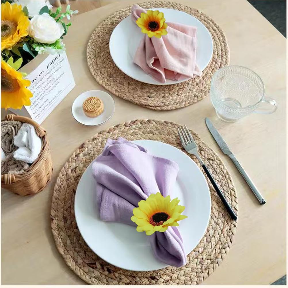 Sunflower Napkin Rings - Rustic Farmhouse Napkin Holders for Weddings, Dinner Parties, and Family Gatherings - Set of 8