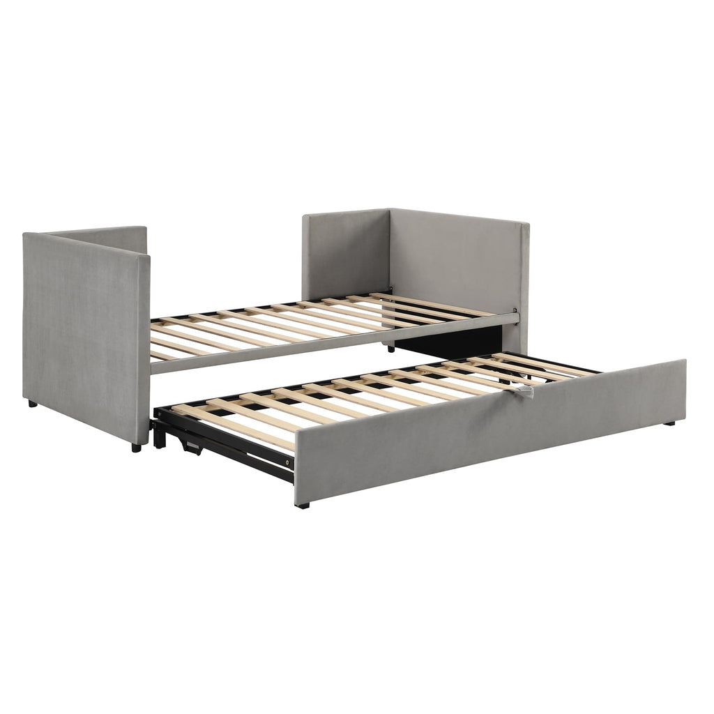 Twin Size Daybed, Upholstered Twin Daybed with Extendable Trundle, Twin Size Daybed Frame, Gray