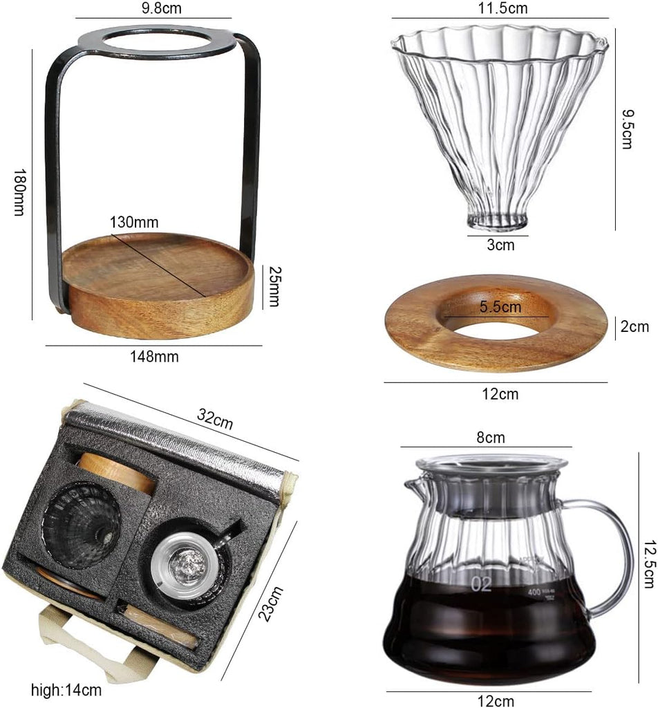 Pour Over Coffee Station Dripper Stand Coffee Filter Wooden Filter Holder Glass Server with Paper Coffee Filters