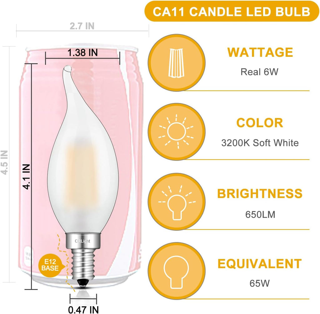 6W E12 Dimmable LED Candelabra Bulb CA11 3200K Soft White, 8 Pack