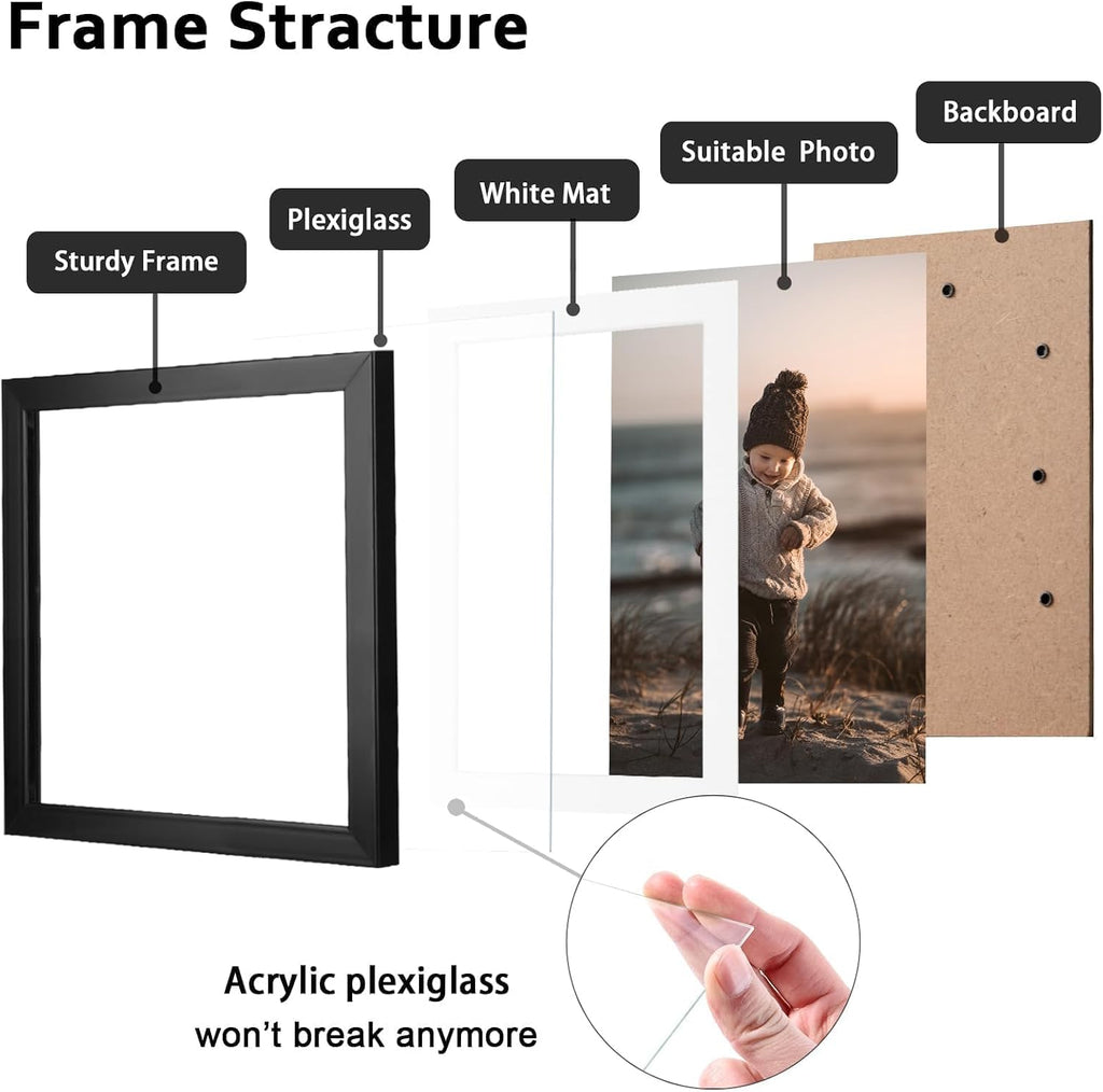 12x12 Frame Set of 9, Wooden 12 by 12 Square Picture Frames with Plexiglass for Picture 8x8 with Mat or 12x12 without