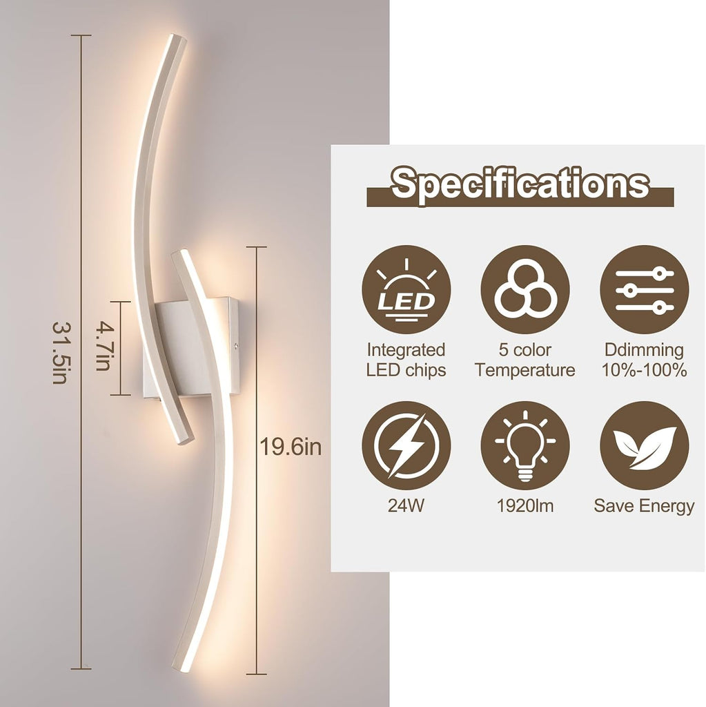 Hardwired 3000~6000K Modern Wall Sconce, 31.5IN Silver LED Wall Light Fixtures Brushed Nickel Wall Lights and Bedside