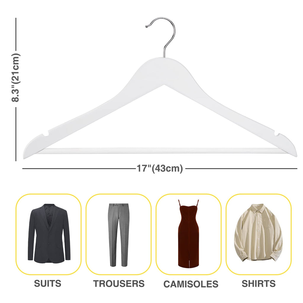 White Wooden Hangers 30 Pack Slim Coat Hangers for Closet with Smooth Finish, Shirt, Suit, Dress, Heavy Duty Clothes