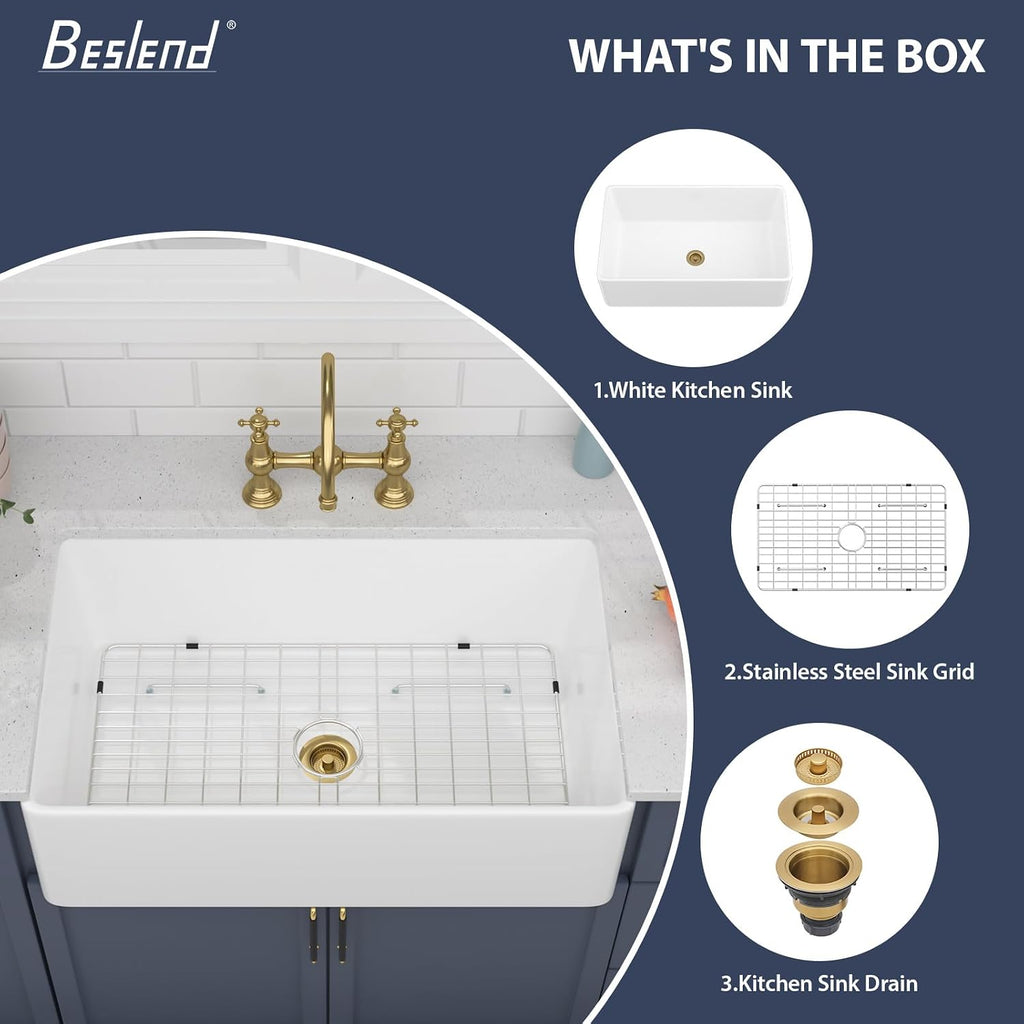 White Farmhouse Sink 33x20 Inch | 33x20x10 In White Farmhouse Sink Fireclay Farm Style Apron Front Kitchen Sink Large