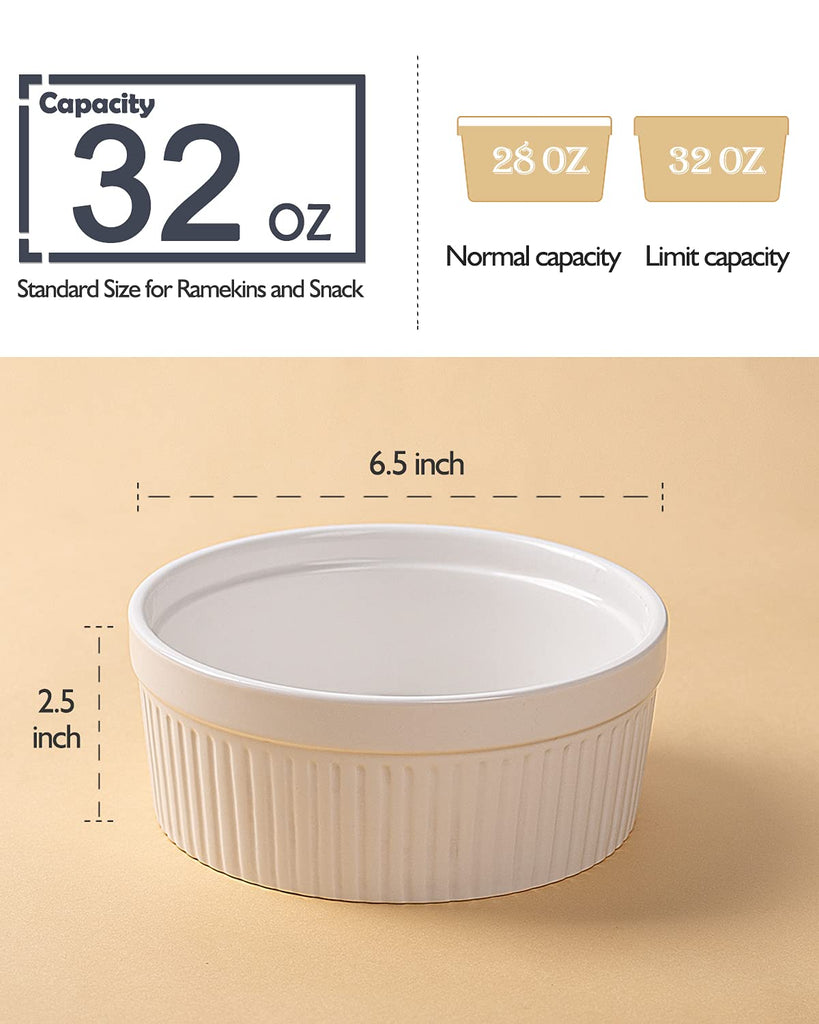 Large 32 Oz Oven Safe/Soup Bowls, 1 Quart Serving Bowls Ceramic Round for Baking, Salad, Pasta, Creme Brulee, Souffle