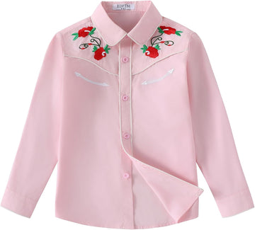Girls Western Cowgirl Shirt Long Sleeve Retro Floral Embroidered Collared Button Down Blouse Tops for Country Outfit