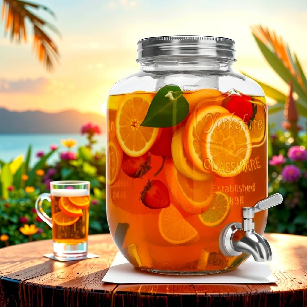 1 Gallon with Lid, Stainless Steel Spigot, for Parties, Lemonade Dispenser With Ice Cylinder for Weddings, Party,Sun