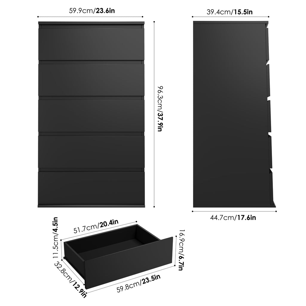 Black, 5 Drawer Chest of Drawers