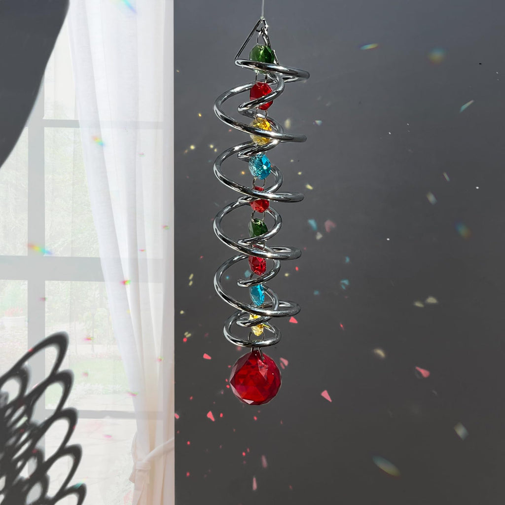 Gazing Ball Spiral Tail -Decorative Wind Spinner Double-Spiral W/Red Crystal Ball and Chain Crystals for Indoor
