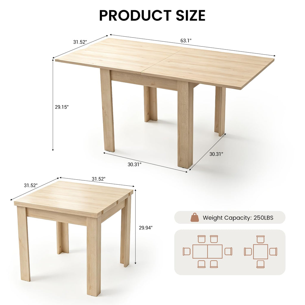 31.5"-63" Square Extendable Folding Dining Table, Natural MDF Wood
