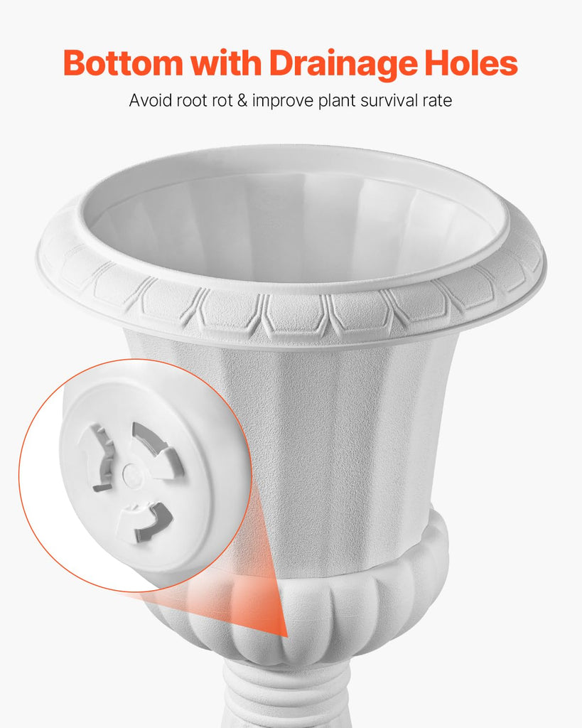 Plastic Urn Planters, 15.8 x 26.4 Inch, 2 Pack White Classic Flower Pots Front Porch Planters, Indoor & Outdoor Vase