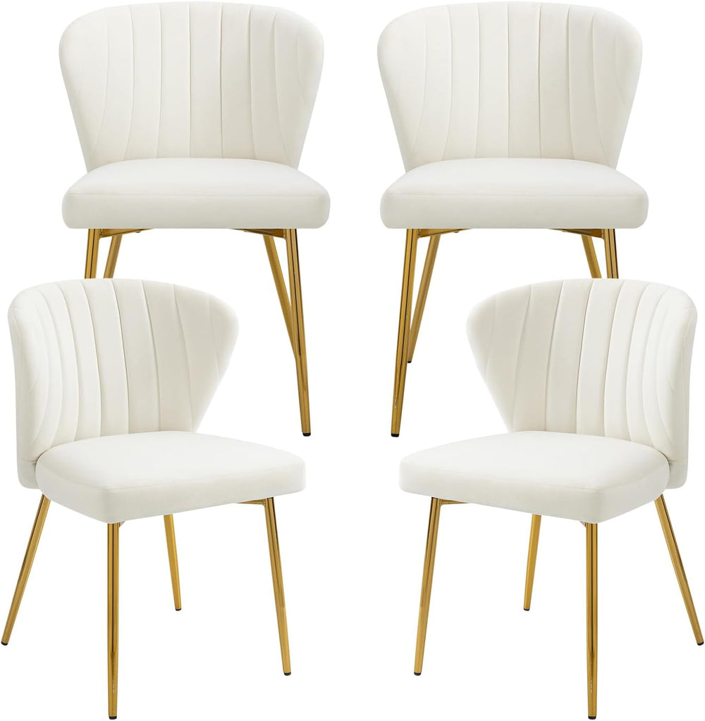Velvet Dining Chairs Set of 4, Modern Upholstered Dining Room Chairs with Gold Metal Legs, White