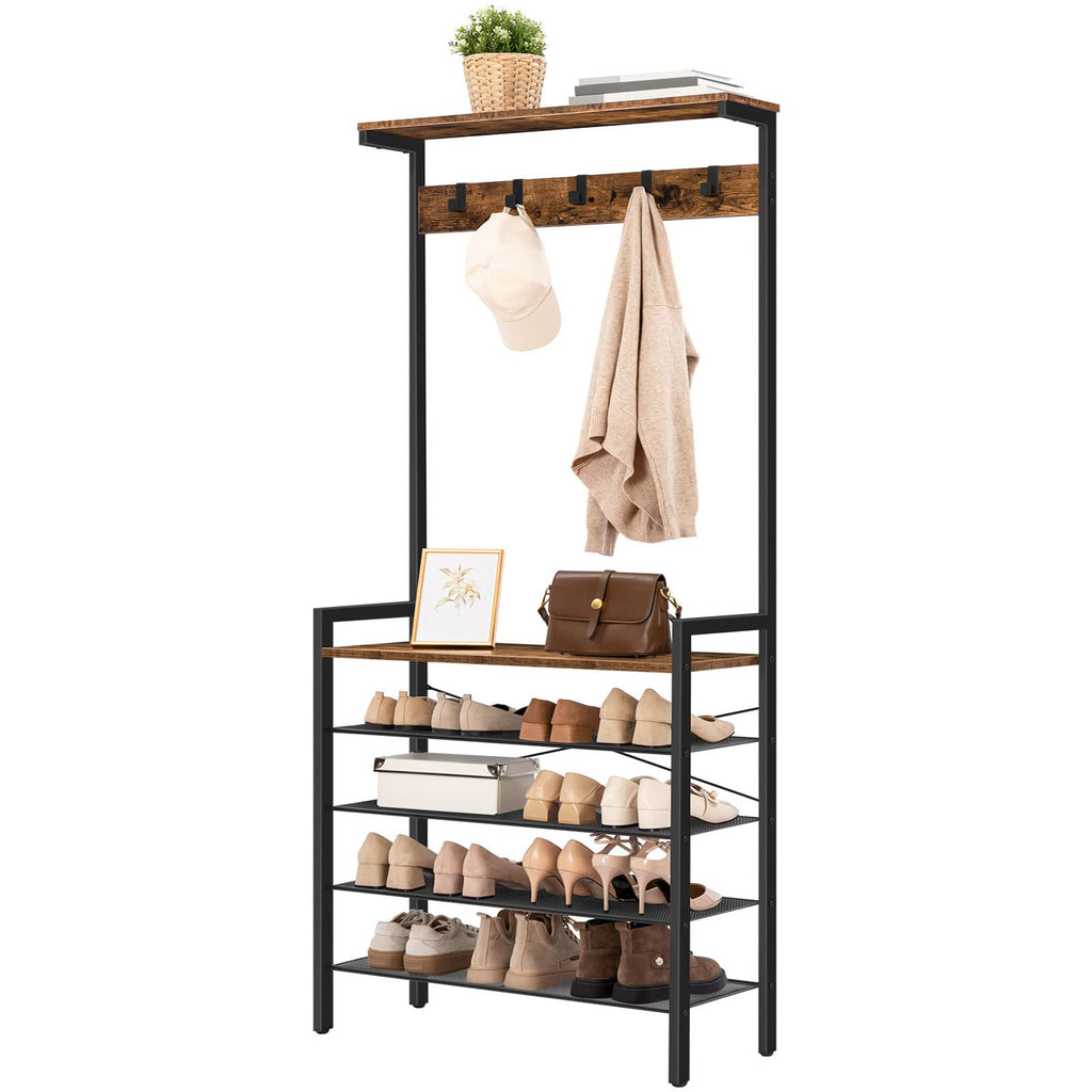 Hall Tree with Bench, Coat Rack with Shoe Storage, Shoe and Coat Rack, 5-Tier Entryway Shoe Storage, 5 Hooks, for