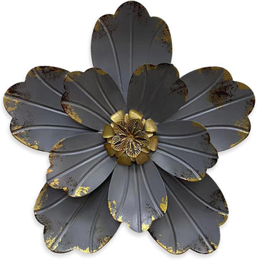 Metal Flower Wall Sculpture, 9.5" Grey Golden Rustic Modern Artwork