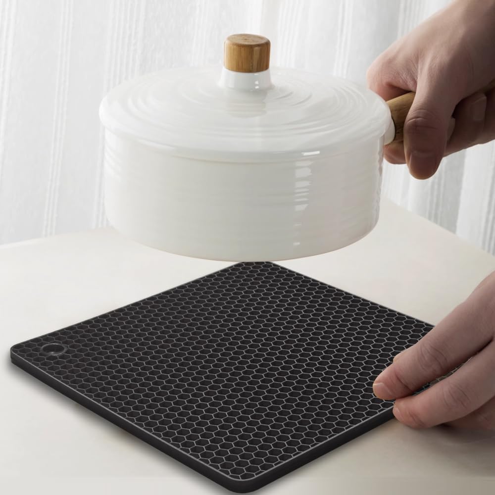 Silicone Square Trivets Mat, 6 Packs Multipurpose Non Slip Heat Resistant Pot Holder-Black