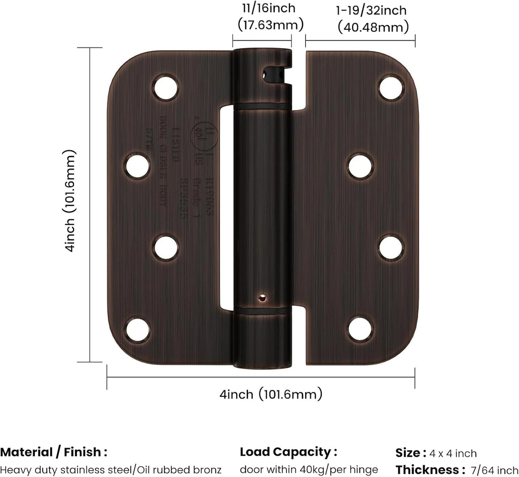 Self Closing Door Hinges 3 Pack Oil Rubbed Bronze Spring Loaded Hinges 4 Inch with 5/8" Radius Corner Adjustable