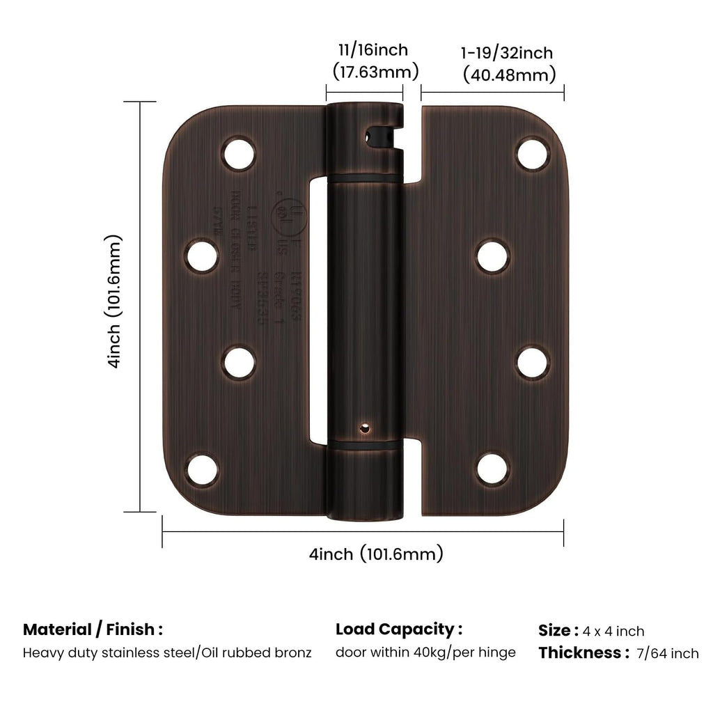 2 Pack 4Inch Spring Door Hinges Oil Rubbed Bronze 5/8" Radius Corner