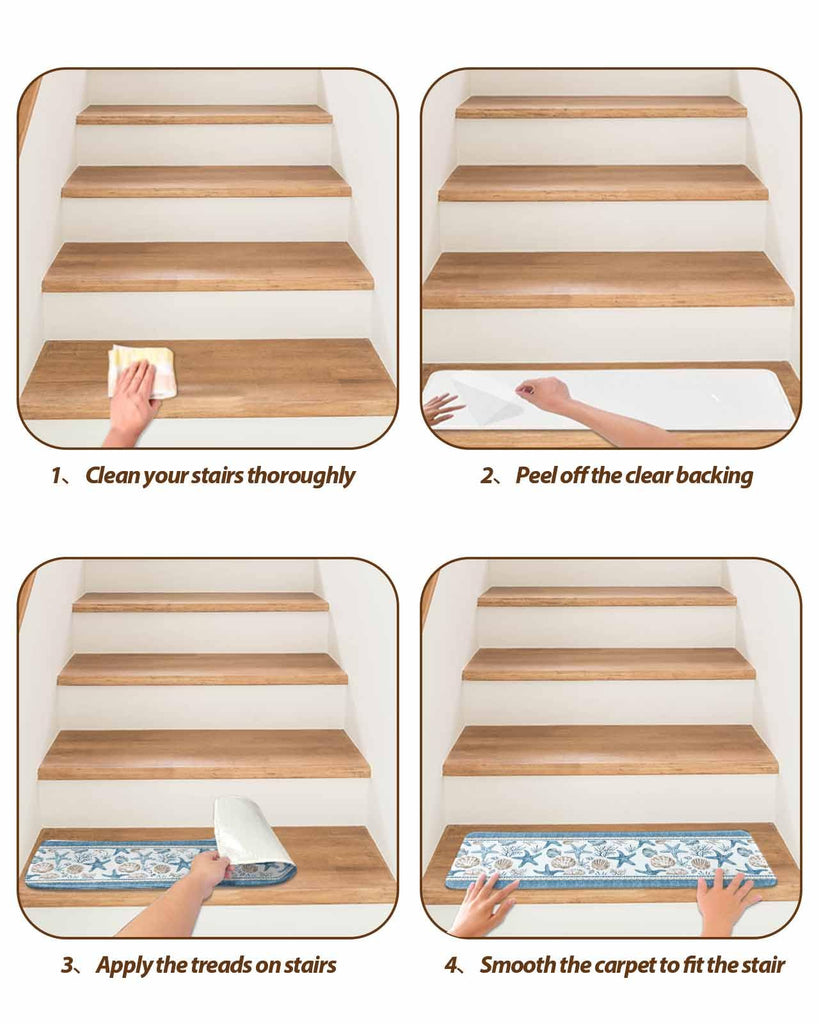 Stair Treads for Wooden Steps, Ocean Starfish Coastal Coral Summer Nautical Non Slip Stair Carpet Indoor Stair Runner
