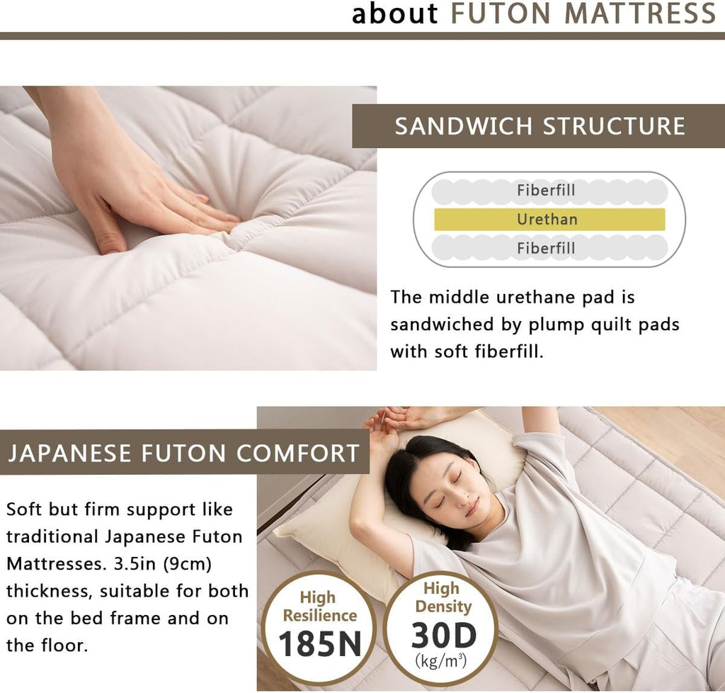 Japanese Futon Mattress & Wood Slatted Bed Set Machi-(Earth-Natural), Solid Pine 3-Heights Adjustable