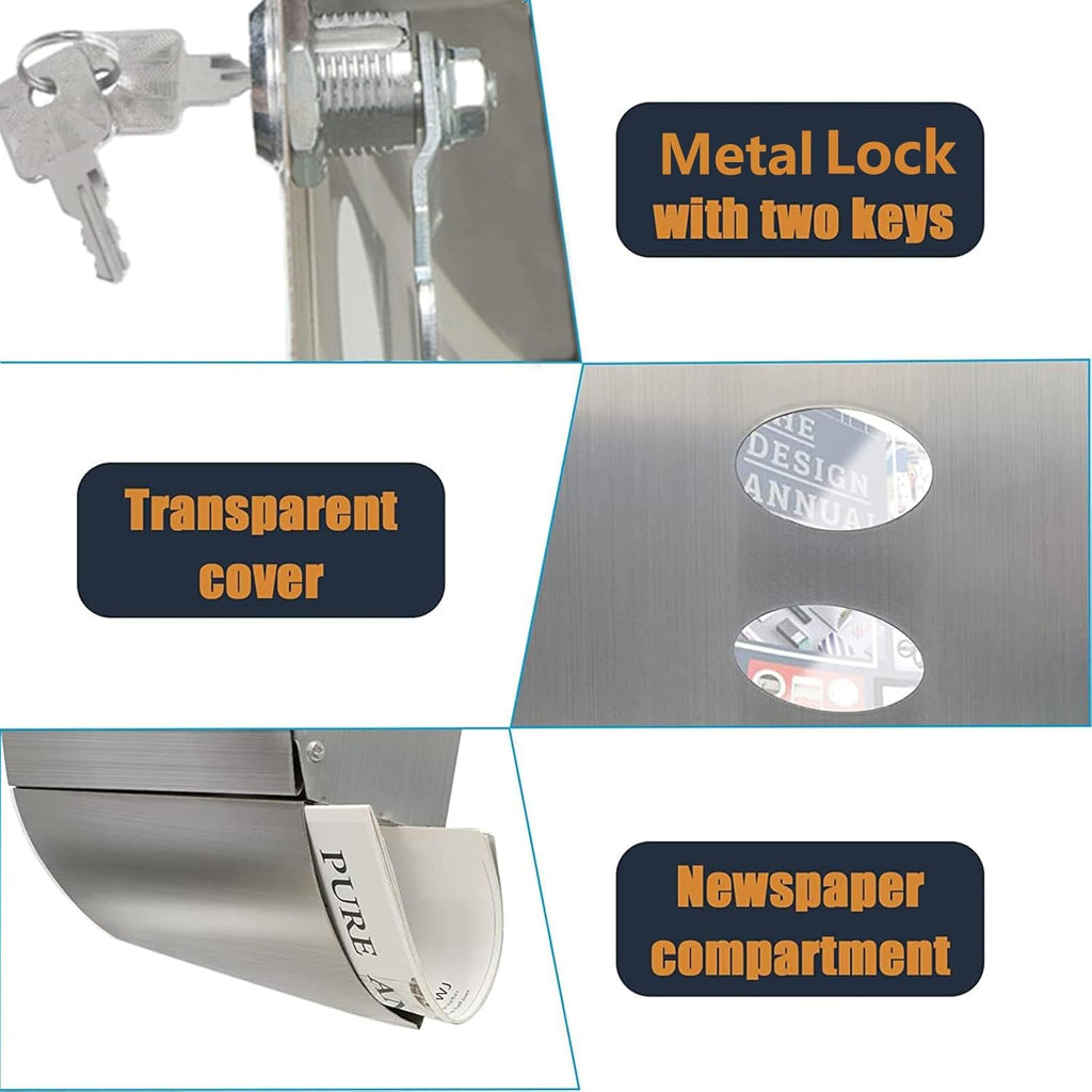 Stainless Steel Mailbox, Large Capacity Wall-Mount Mailbox, Locking Mailbox with Key Lock