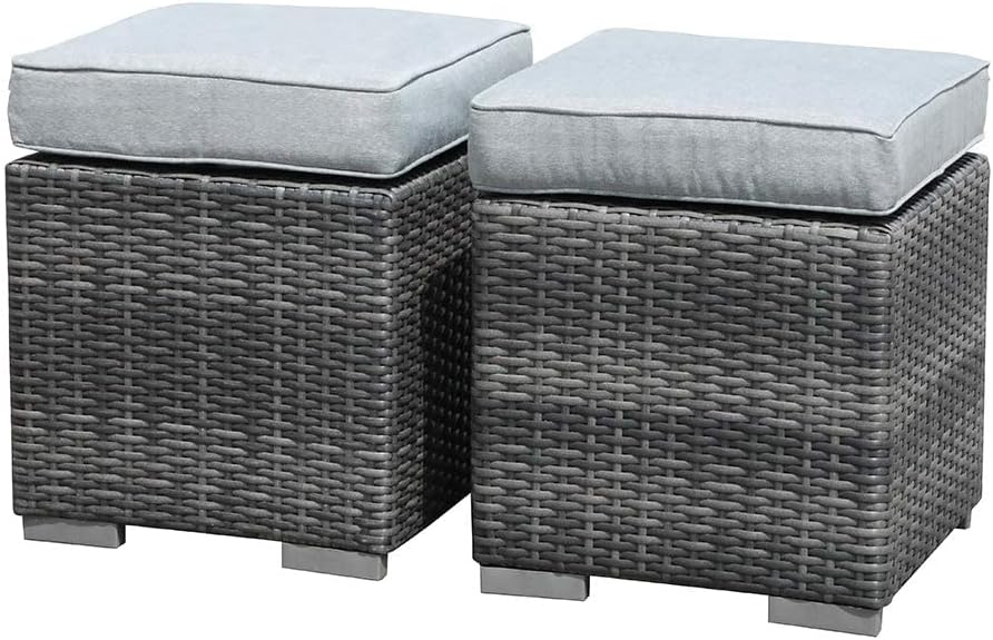 2 Pieces Assembled Outdoor Patio Ottoman, Grey Wicker, Light Grey | Indoor Outdoor All-Weather Rattan Footstool