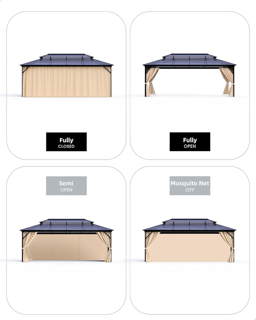 GarveeLife Hardtop Gazebo 12 ft x16 ft for All Weather, Double Polycarbonate Sheets Roof, Aluminum Alloy Frame, Net