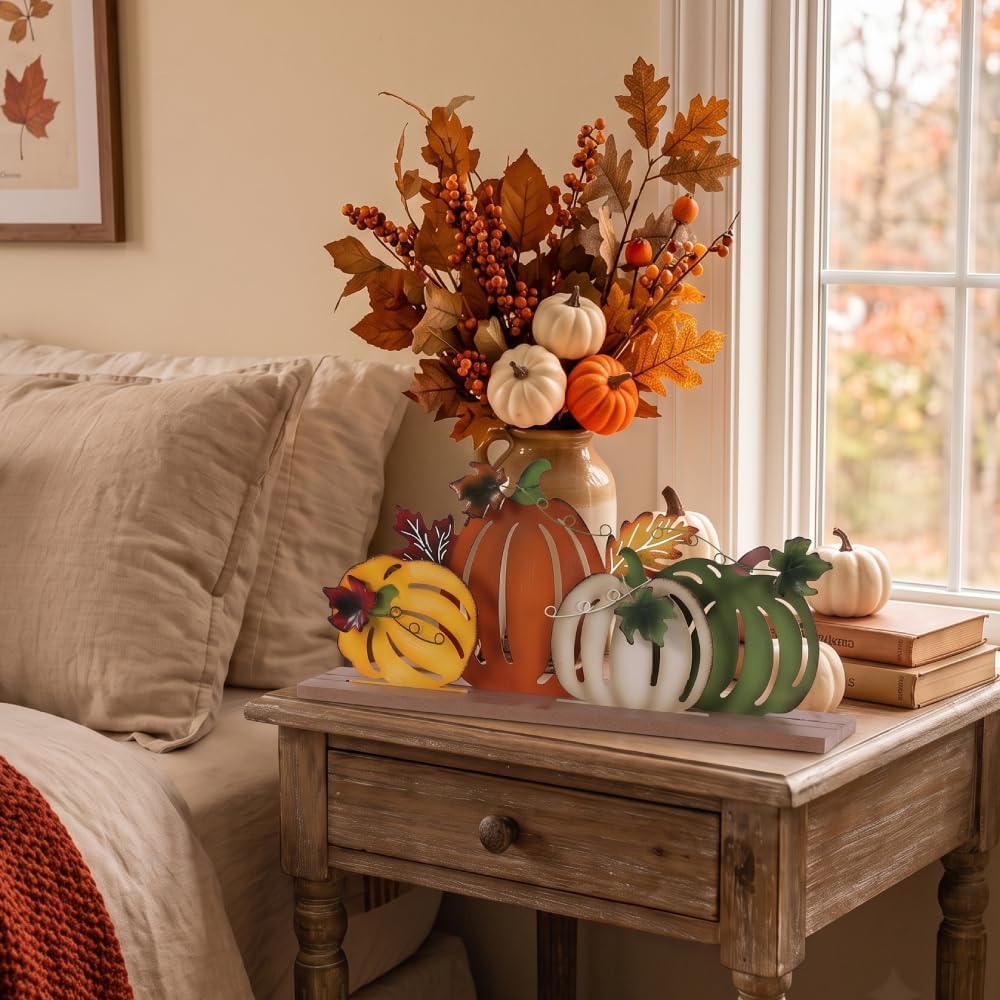 Fall Decorations, Wood Metal Pumpkins Sign for Fall Table Decor, Farmhouse Rustic Multi-Color Pumpkin Decorations