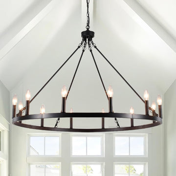 Inspired Camino Style Chandelier - Black Large Wagon Wheel Chandelier 38 inch, 12 Lights Farmhouse Chandelier, Industrial Rustic Candle Pendant Light Fixture for High Ceiling Living Room Dining Room Entryway A105-B0BNC15QDS