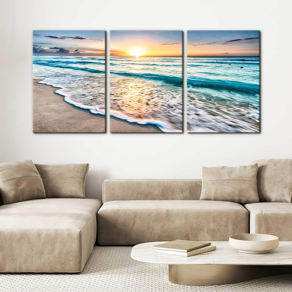 3 Panels Beach Canvas Wall Art Decor Blue Sea Sunset White Beach Painting The Picture Print on Canvas Seascape The