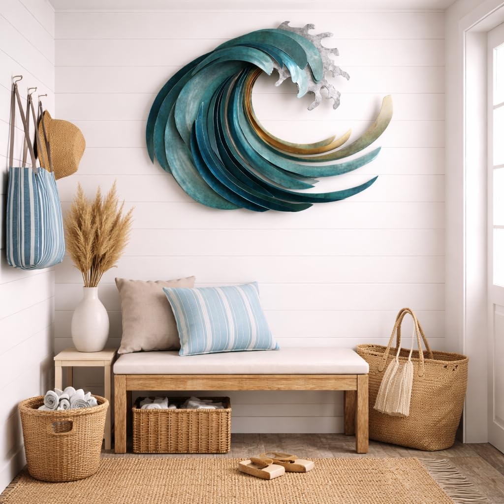 Ocean Wave Metal Wall Art, Large 3D Teal Coastal Decor, Nautical Coral Sculpture, Beach House Patio Sign, Seaside