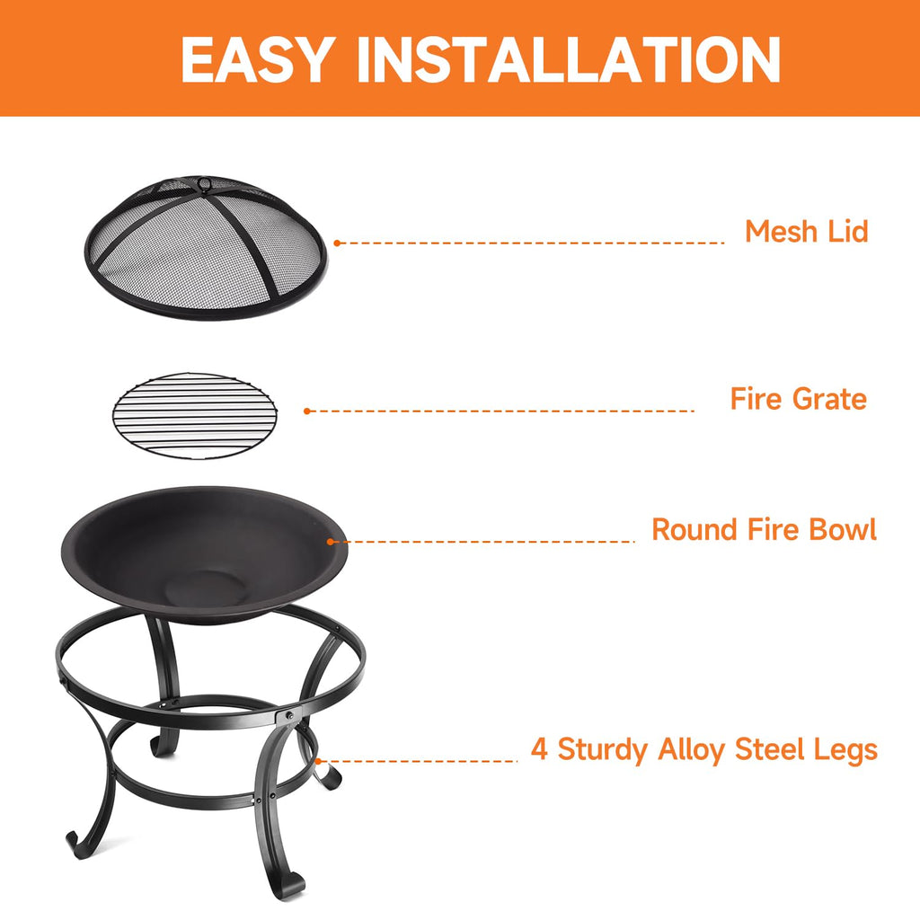 22-Inch Portable Round Metal Fire Pit Set