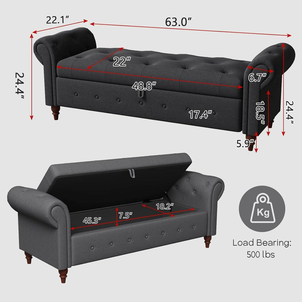 63'' Storage Ottoman Bench, Tufted Entryway Bench Grey Polyster | Button Tufted End of Bed, Large Storage Space