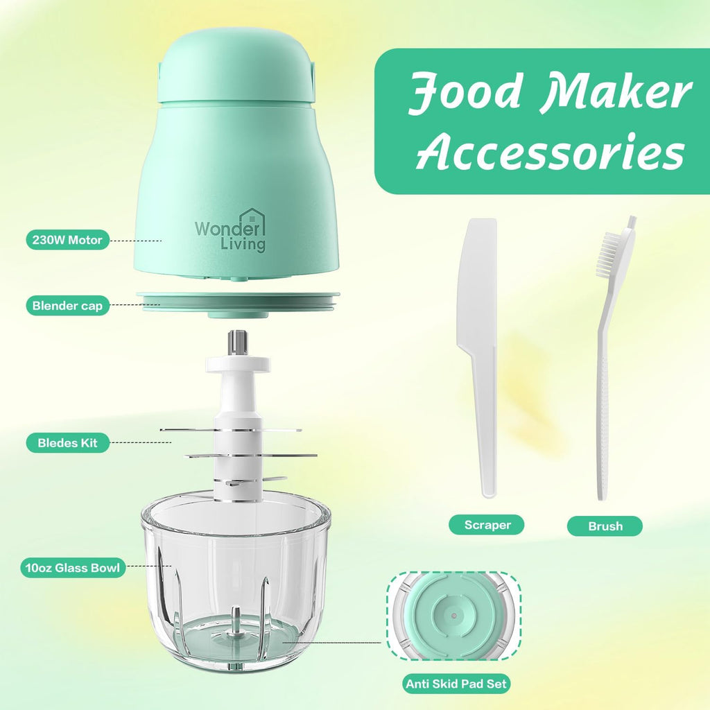 Food Maker with Glass Cups & Freezer Tray, Compact Baby Processor for Smoothies, Hands-Free One-Touch, 230W Motor
