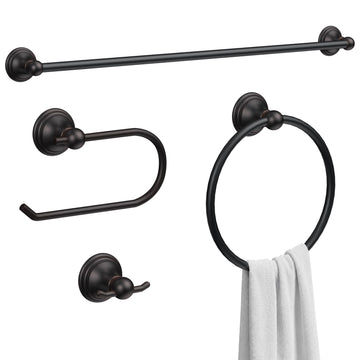 Classic 4-Piece Bathroom Accessories Set, 24-inch Towel Bar, Toilet Paper Holder, Towel Ring, and Robe Hook, Durable