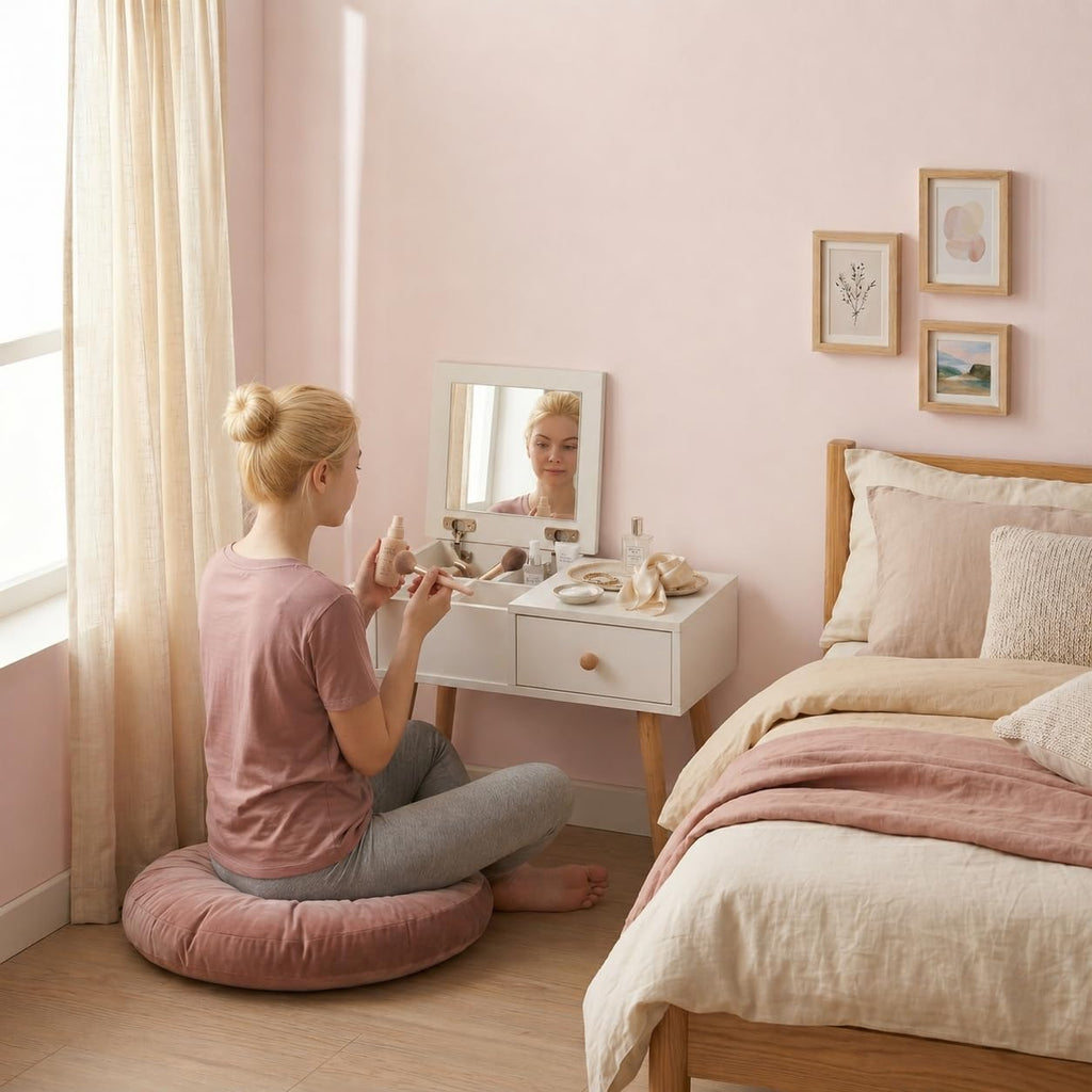 2-in-1 Floor Makeup Vanity & Nightstand - Modern Low-Profile Dressing Table with Solid Wood Legs - Compact Bedroom