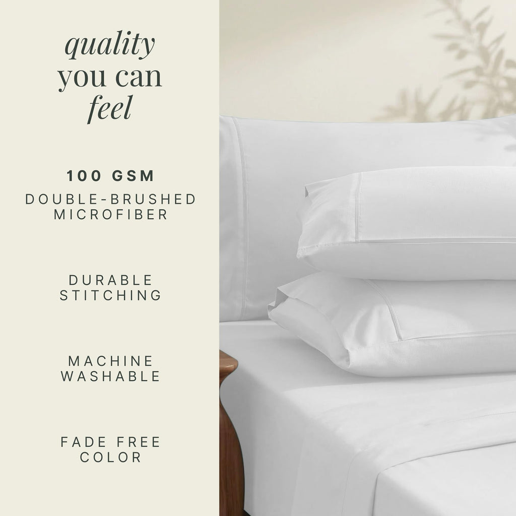 Bed Linen Set - Twin Size - 4 Piece Sheets - White - Extra Deep Pocket Microfiber