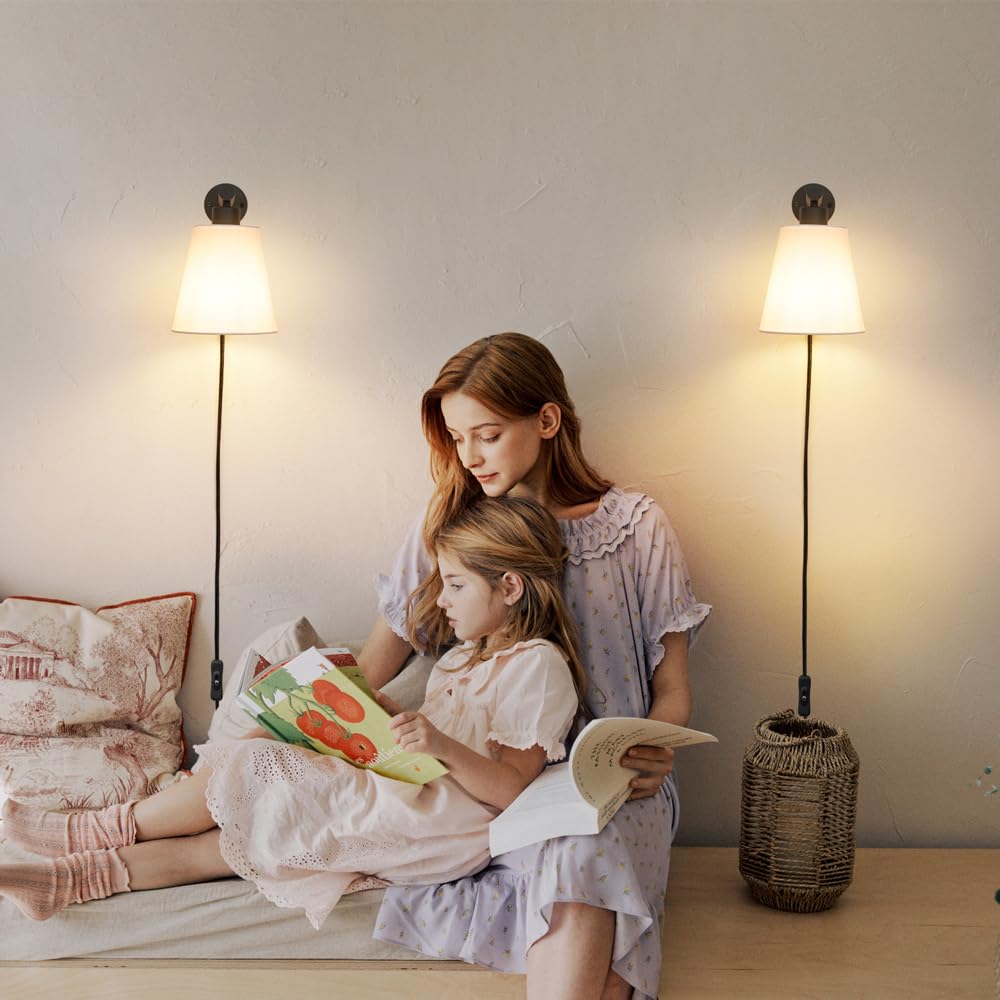 Plug in Wall Sconces Set of Two, Wall Lamp with Plug in Cord, Black Wall Sconce Light Plug in, Bedside Wall Mounted