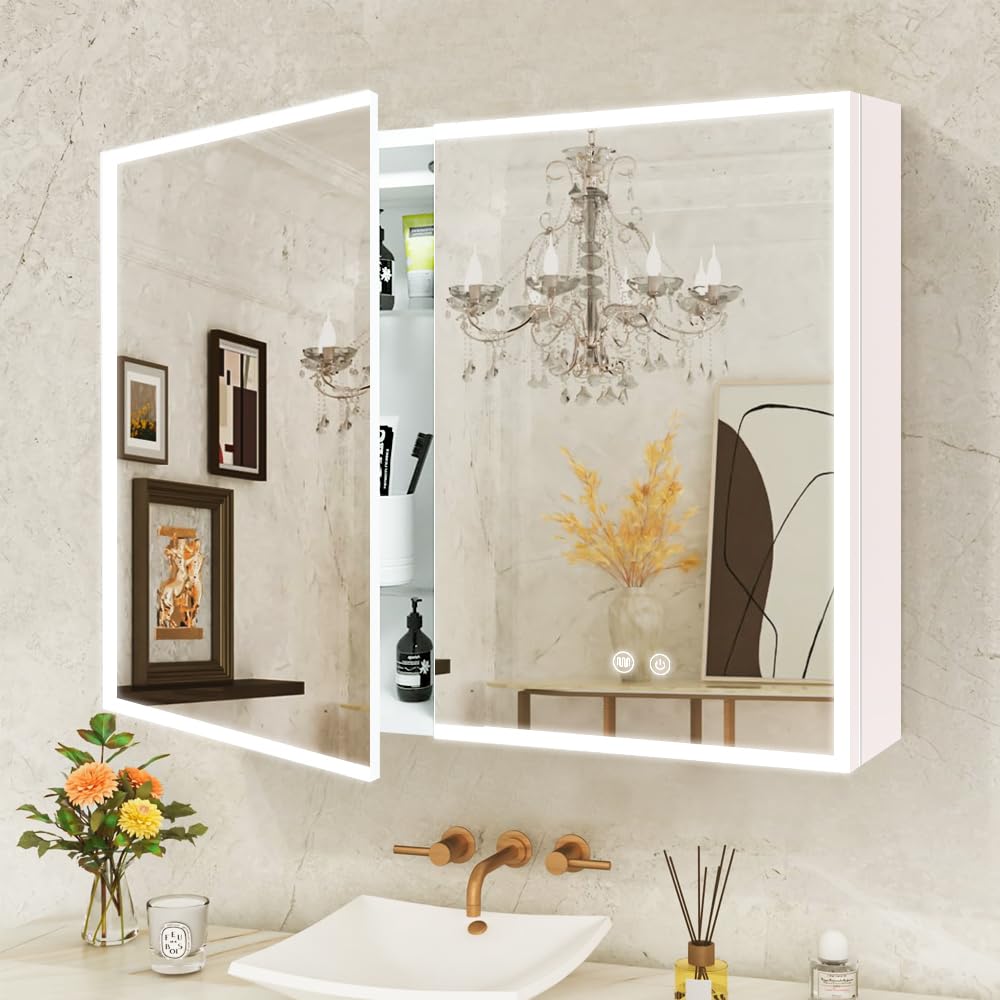 White LED Mirror Medicine Cabinets, Surface Mounted 32 x 24 Inch Bathroom Mirror Cabinet with Lights 3 Colors