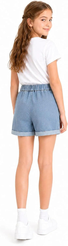 Girls Denim Shorts Embroidered Patterns Elastic Waist Cuffed Jean Shorts