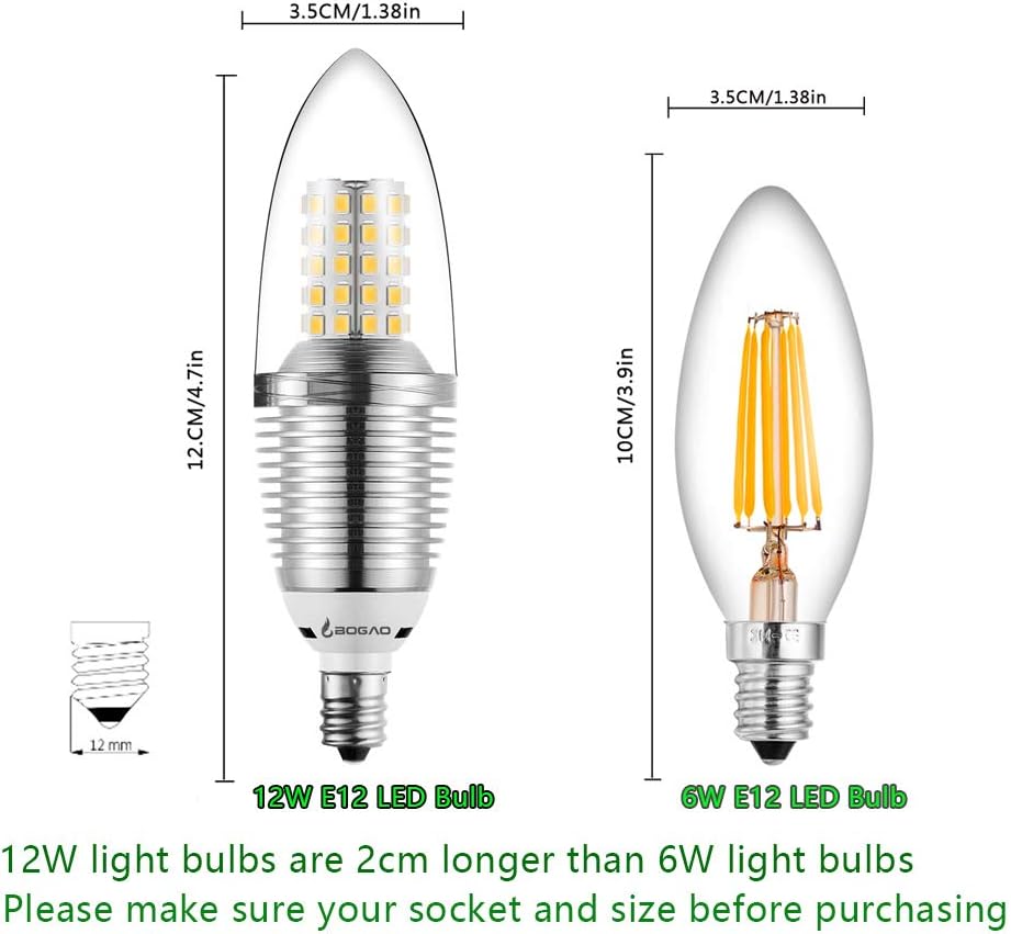E12 LED Candelabra Bulb, 12W Daylight White 6000K LED Candle Bulbs, 80-100 Watt Light Bulbs Equivalent, E12